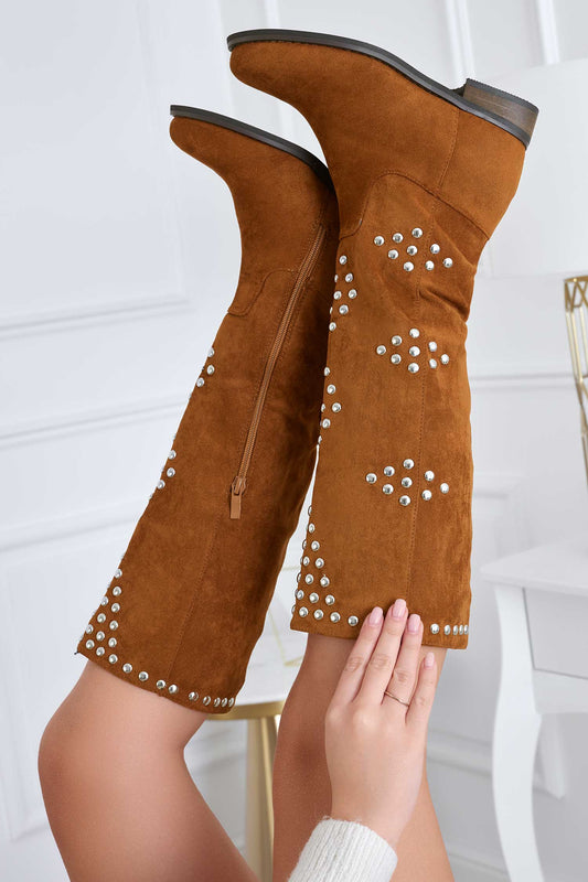 Brown suede boots with studs