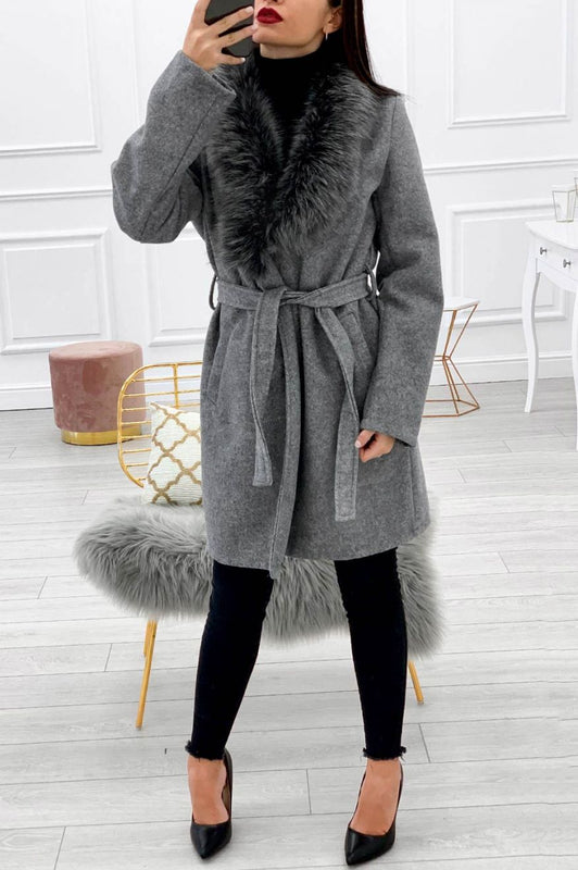 Coat with waist tie and faux fur collar Grey