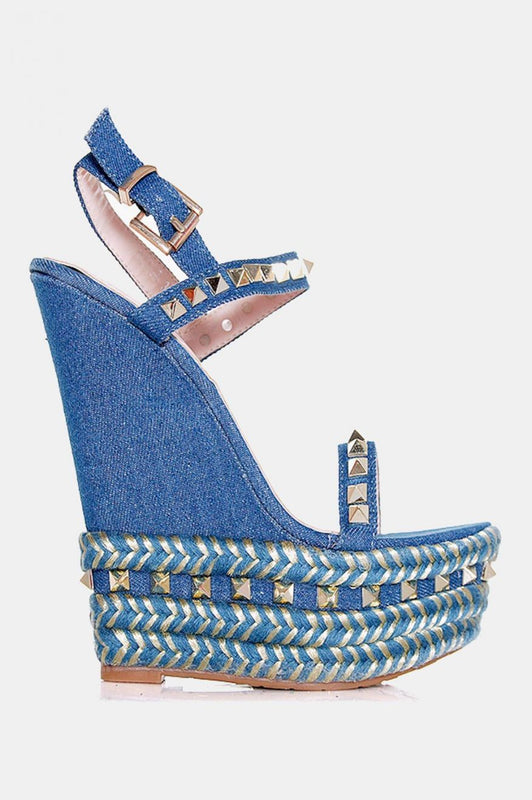 Sandali con zeppa in jeans e borchie Togo Blu