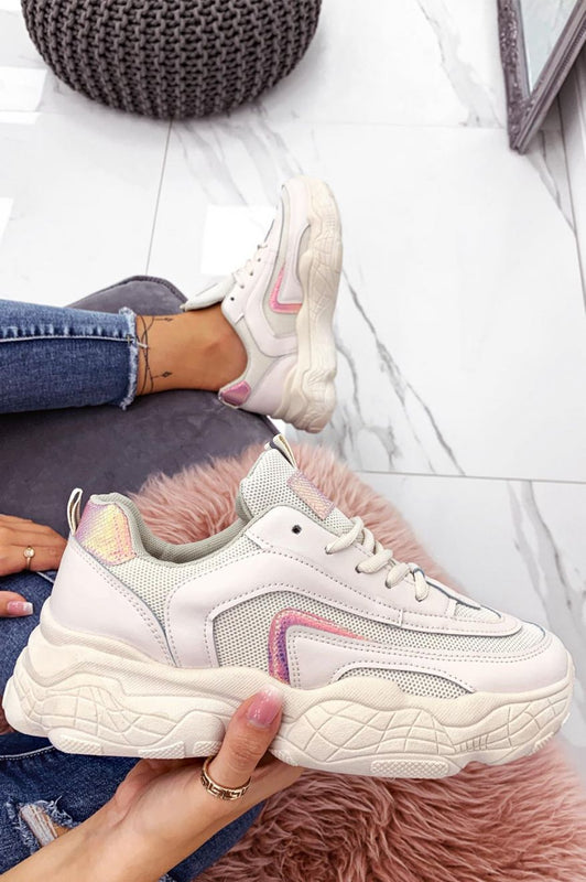Sneakers beige con lacci e inserti metallizzati