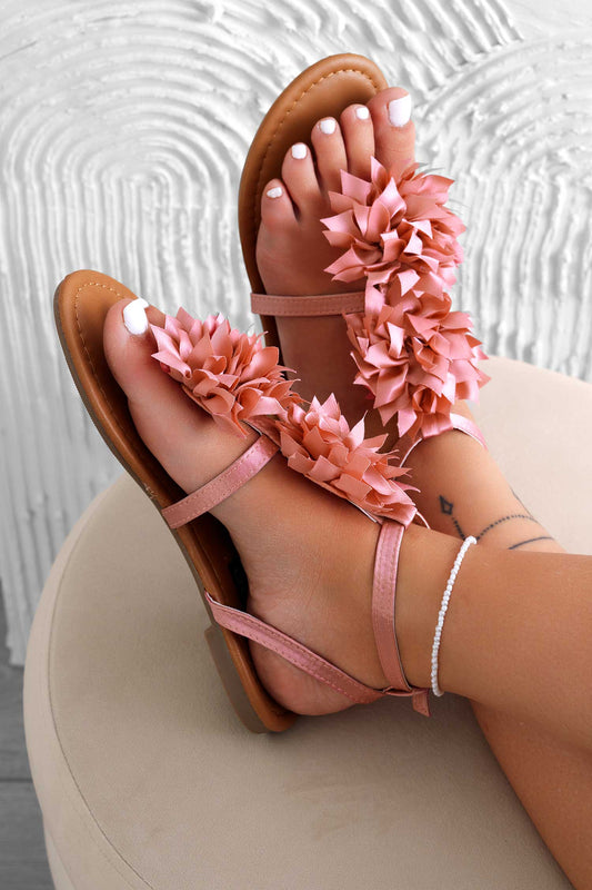 Sandali infradito rosa in raso con fiore applicato Connie