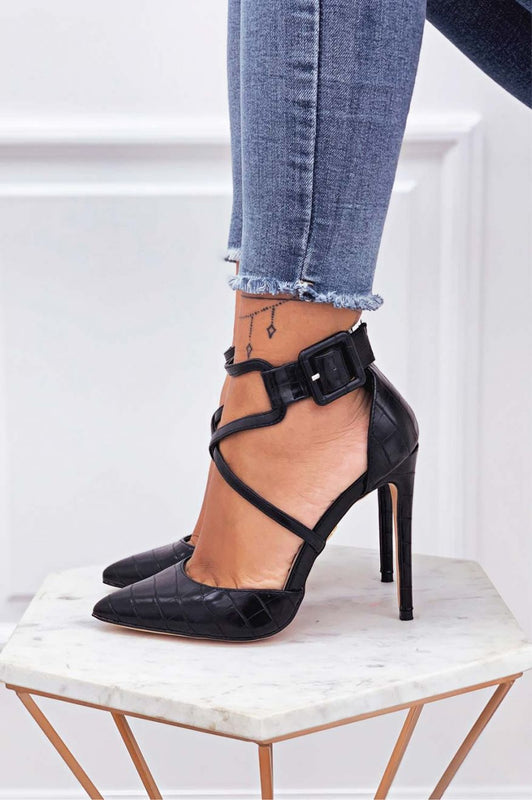 Escarpins noirs effet crocodile à talons hauts