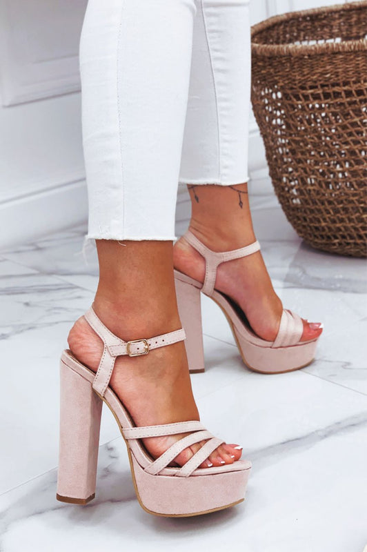 Pink suede high-heeled sandals