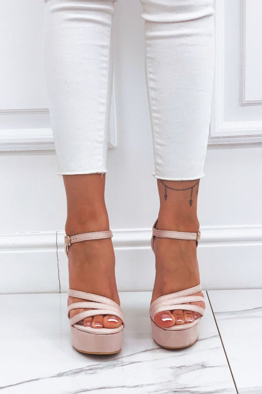Pink suede high-heeled sandals