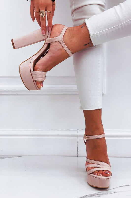 Pink suede high-heeled sandals