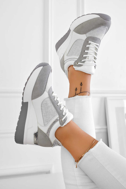 Gray sneakers with silver glitter fabric inserts