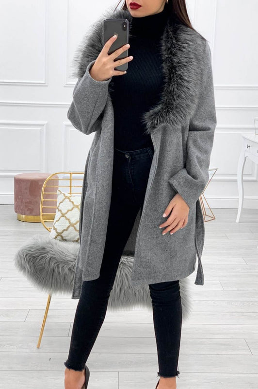 Coat with waist tie and faux fur collar Grey