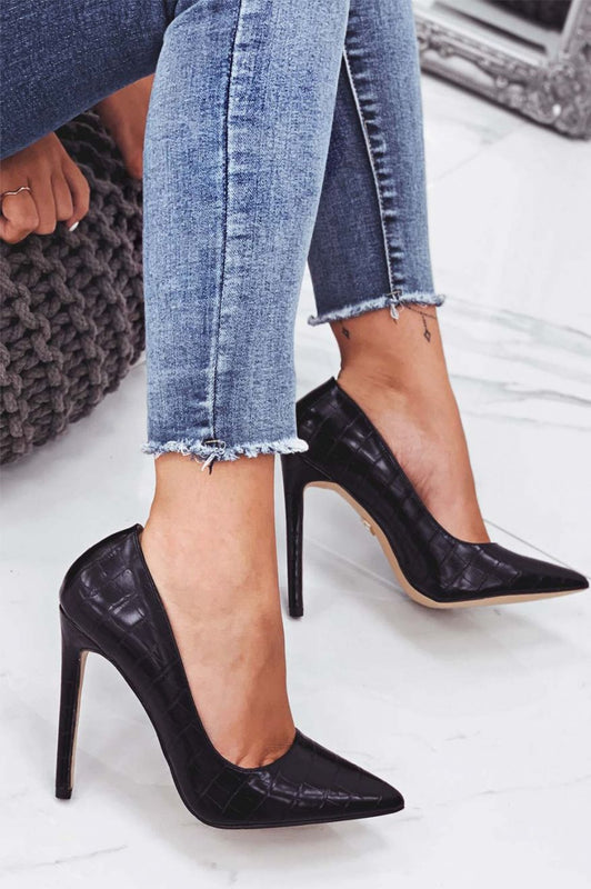 Escarpins noirs en simili cuir crocodile à talons hauts