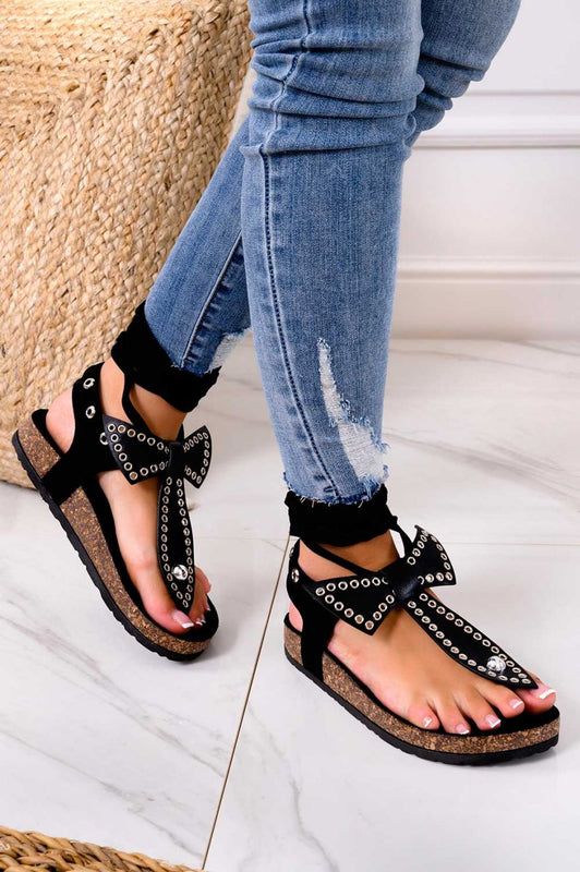 Sandales noirs tongs avec nœud et lacets à la cheville