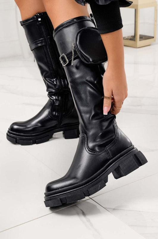 Black combat boots with pouch