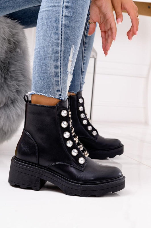Bottines noires biker avec chaînes et strass