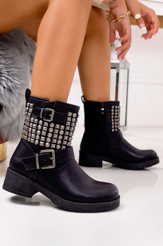 Black biker ankle boots with studs