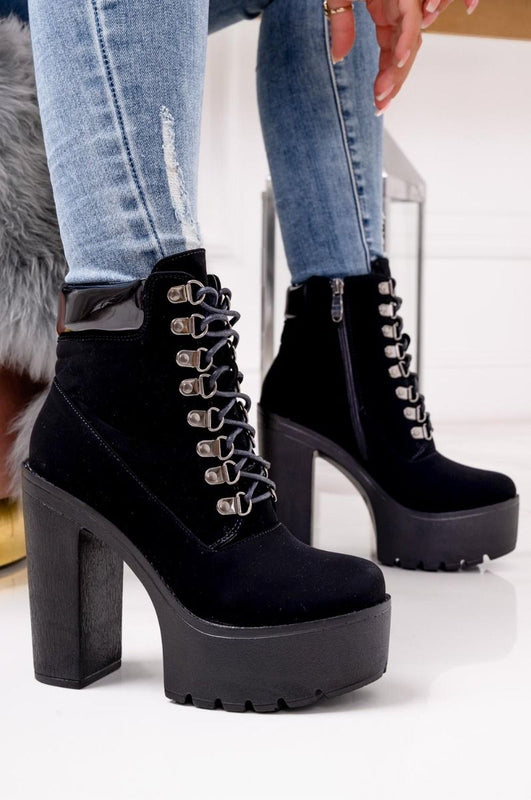Black lace-up ankle boots with high heel