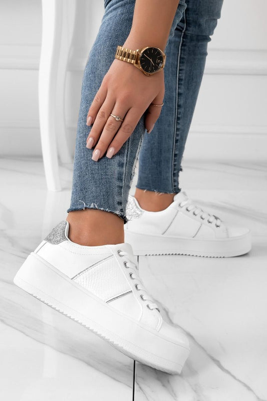 MORENA - Baskets blanches avec empiècements pailletés argentés