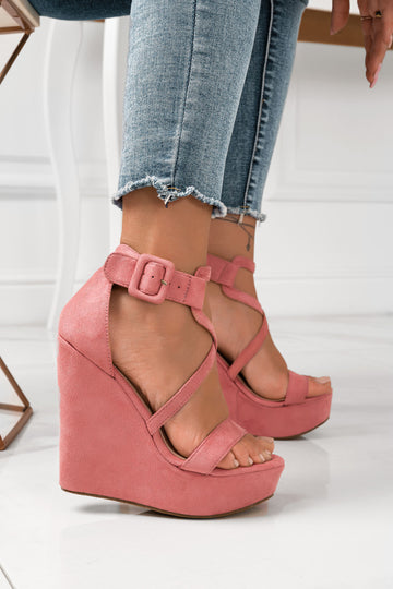 Sandali rosa scamosciati con zeppa