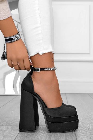 FLORENCE - Black satin pumps with high heel, platform, and jeweled strap