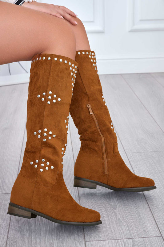 Brown suede boots with studs