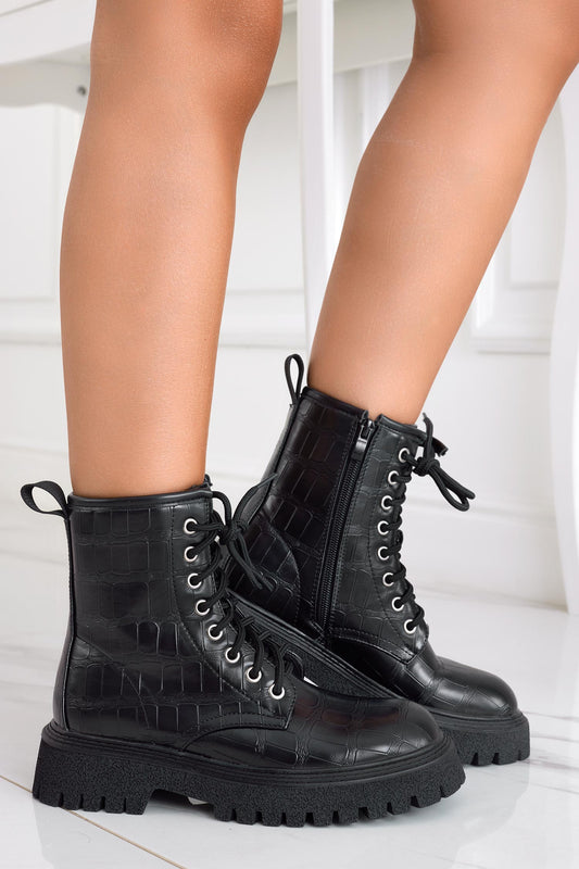 Stivaletti anfibi neri effetto coccodrillo