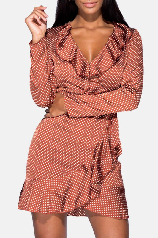 Polka dot dress with V-neck Brick