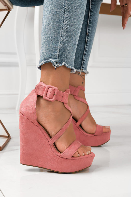 Sandali rosa scamosciati con zeppa