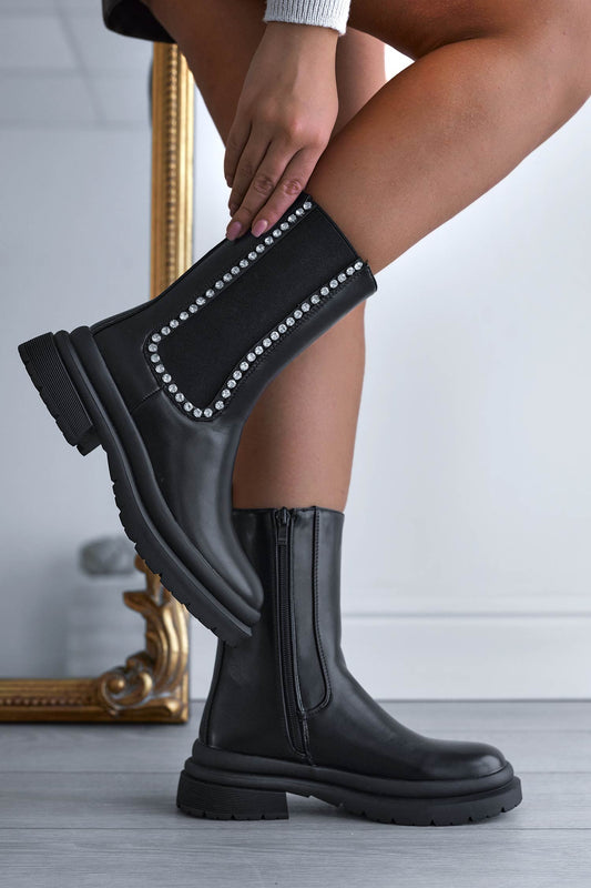GIRONA - Black ankle boots with elastic and rhinestone trim