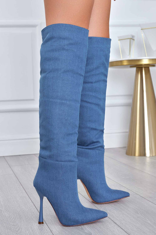 BICE - Bottes hautes en jean bleu à talon aiguille