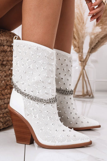 Bottines blanches camperos avec strass et chaîne