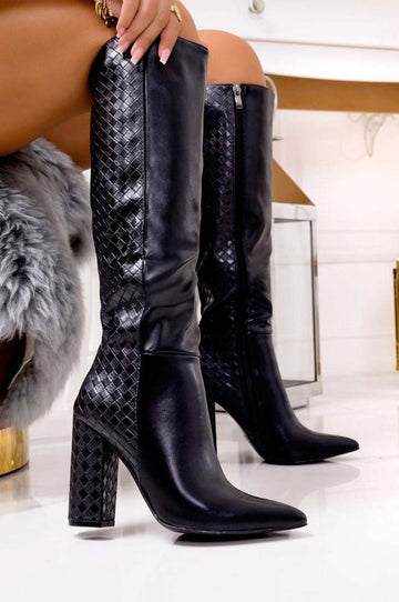 Black faux leather boots with comfortable heel