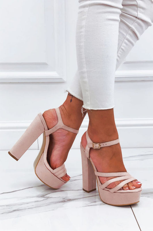 Pink suede high-heeled sandals