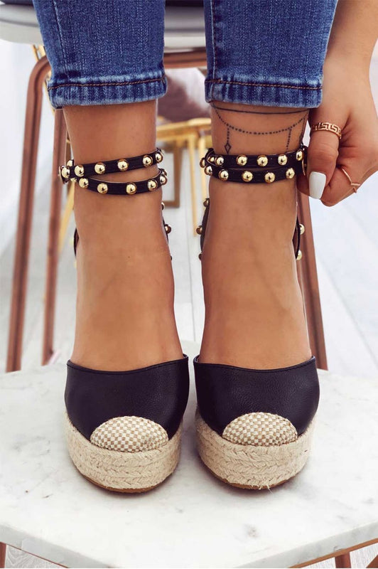 Espadrilles noires en similicuir avec semelle compensée haute et clous dorés