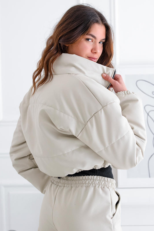 Short beige faux leather jacket