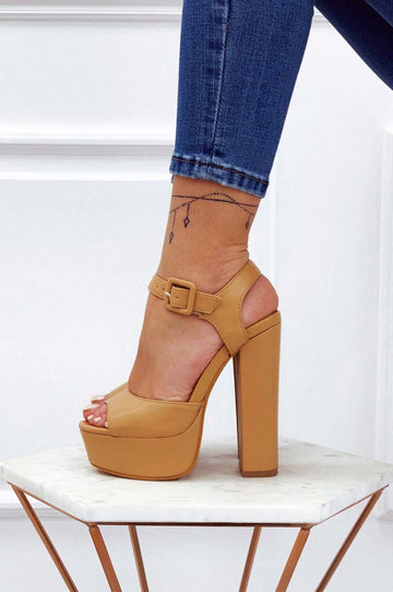 Camel faux leather sandals with high heel