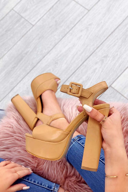Camel faux leather sandals with high heel