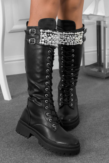 Bottes noires style militaire avec perles et strass