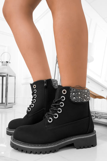 Bottines noires style rangers avec strass sur le bord