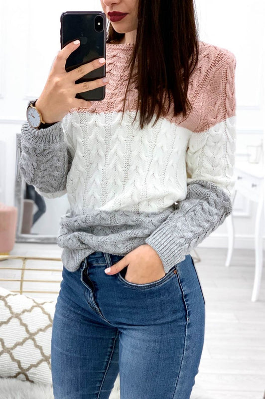 Pull tressé avec panneaux contrastés multicolores