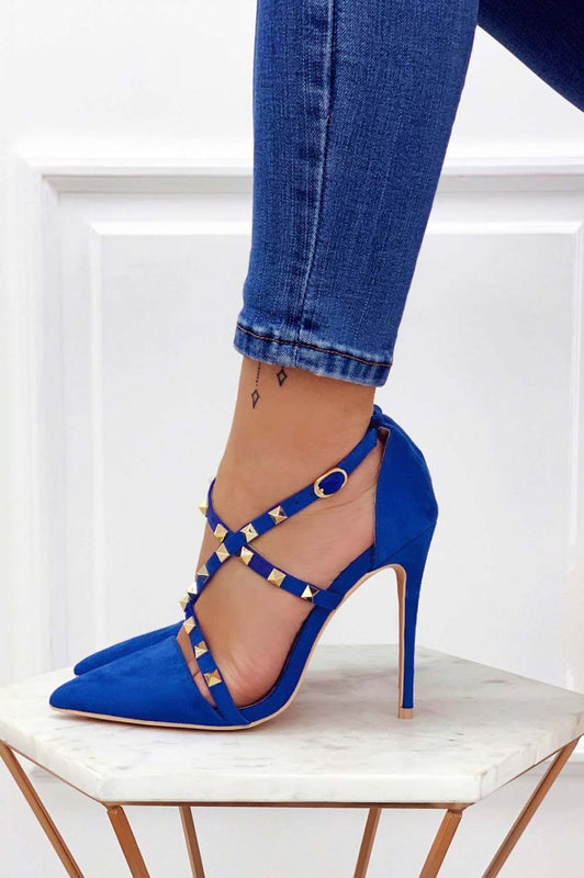 Blue suede pumps with gold studs and high heel