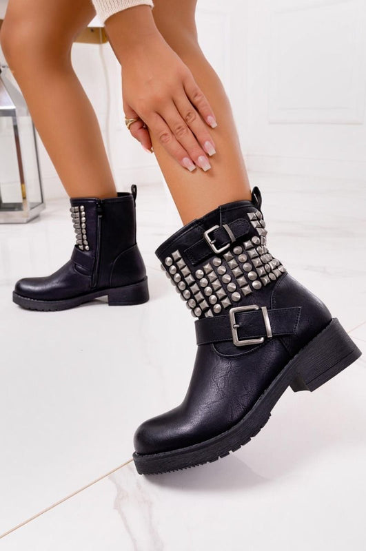Black biker ankle boots with studs