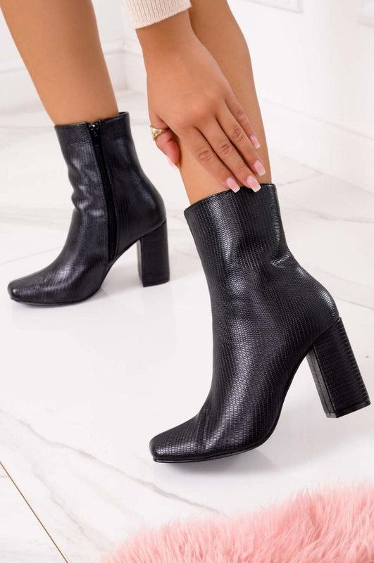 Bottines noires effet python à talon confortable