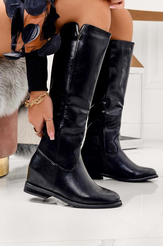 Black mid-calf boots with internal wedge