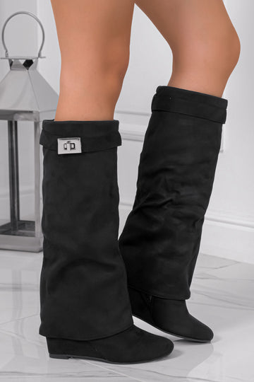 Bottes noires en daim avec revers et semelle compensée