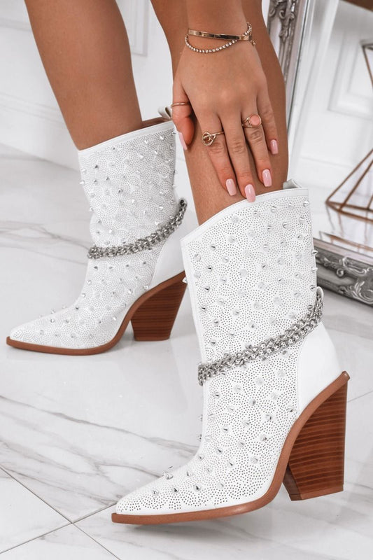 Bottines blanches camperos avec strass et chaîne