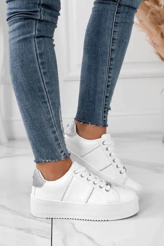 MORENA - Baskets blanches avec empiècements pailletés argentés