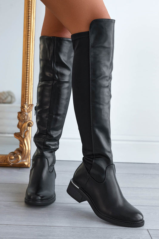 Stivali neri alla coscia in tessuto elastico sul retro