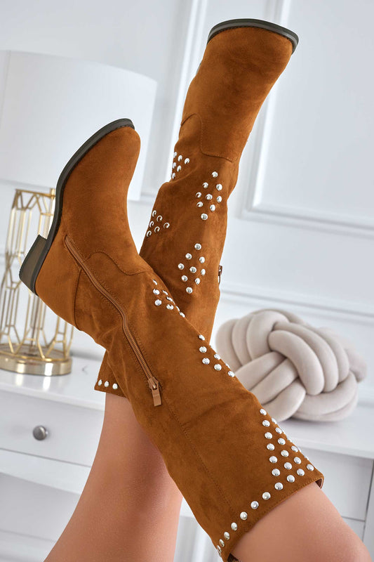Brown suede boots with studs