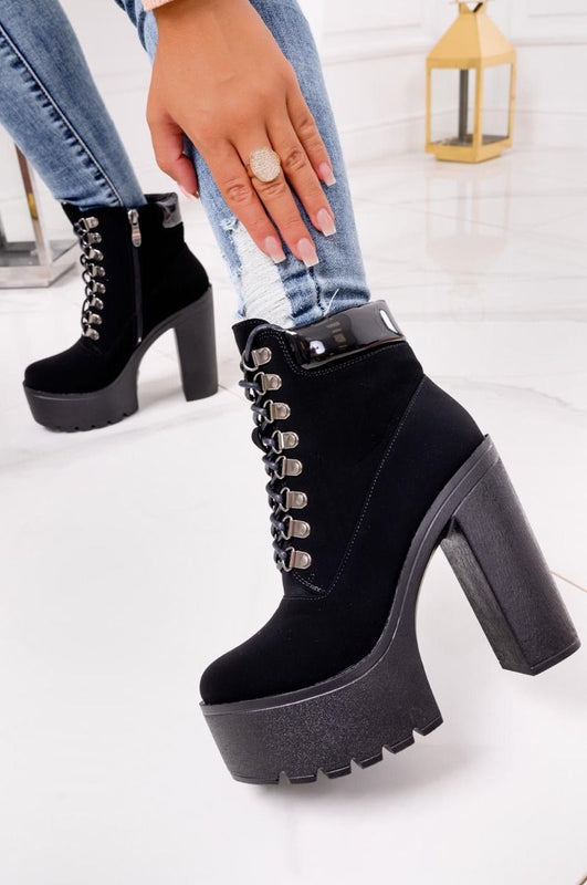 Black lace-up ankle boots with high heel
