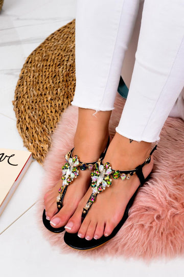 Sandali infradito gioiello neri con tacco basso