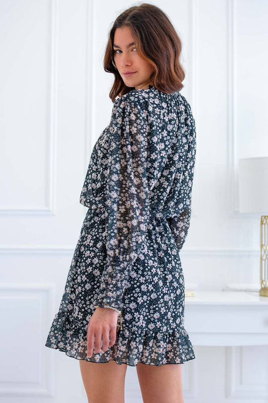 Robe en voile noir avec imprimé marguerite