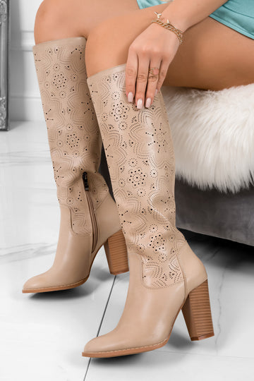 Beige perforated faux leather boots with comfortable heel