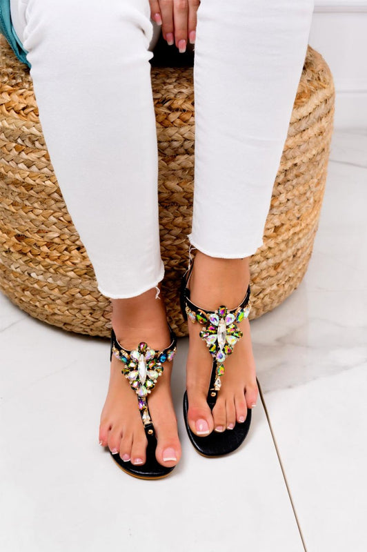 Sandali infradito gioiello neri con tacco basso